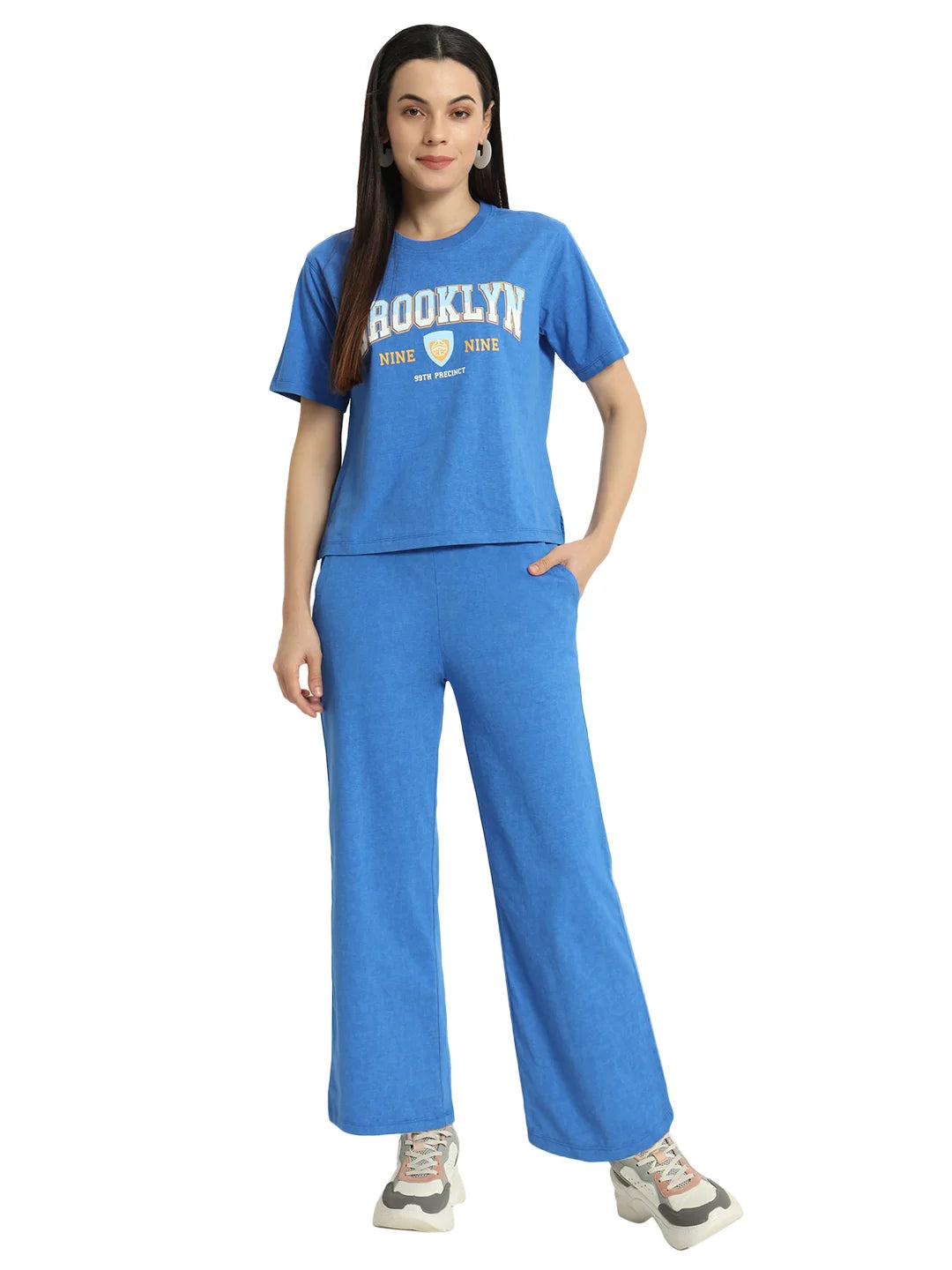Women Co-ord set | Graphic Printed Pure Cotton T-Shirt With Trousers | Royal Blue