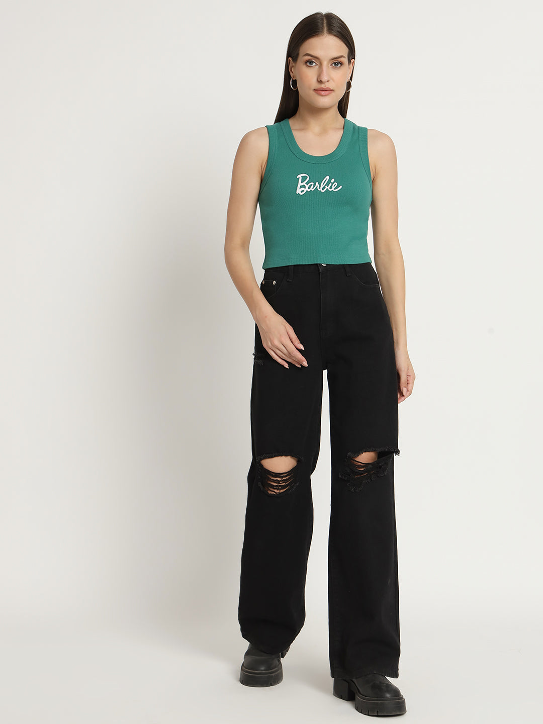 Women's Knitted Sleeveless Tank Top Ribbed Cotton Fitted | Green