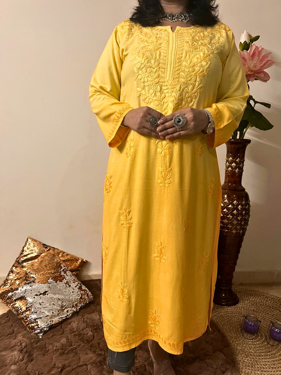Rayon Chikankari Kurti | Yellow