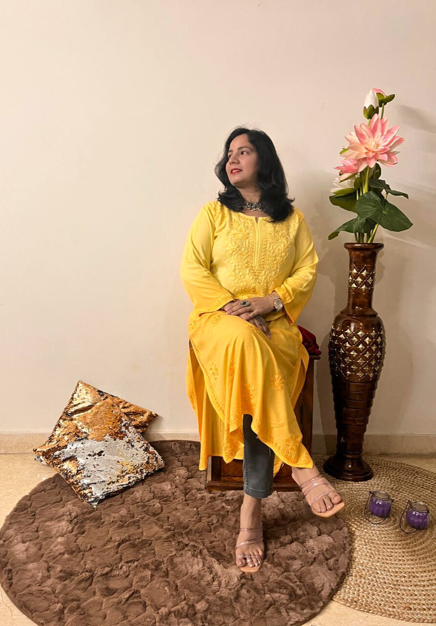 Rayon Chikankari Kurti | Yellow