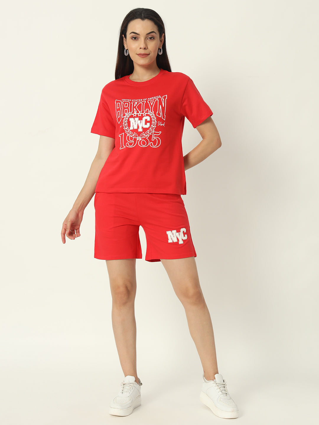 Women's Co-ord Set | Set of Printed T-Shirt and Shorts | Red