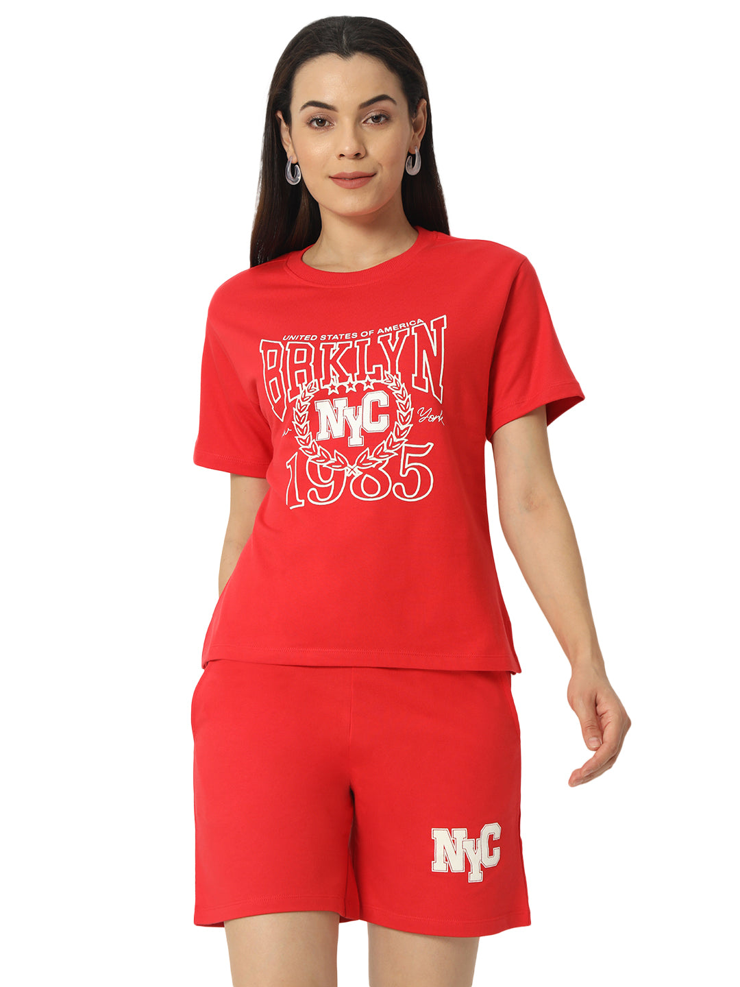Women's Co-ord Set | Set of Printed T-Shirt and Shorts | Red