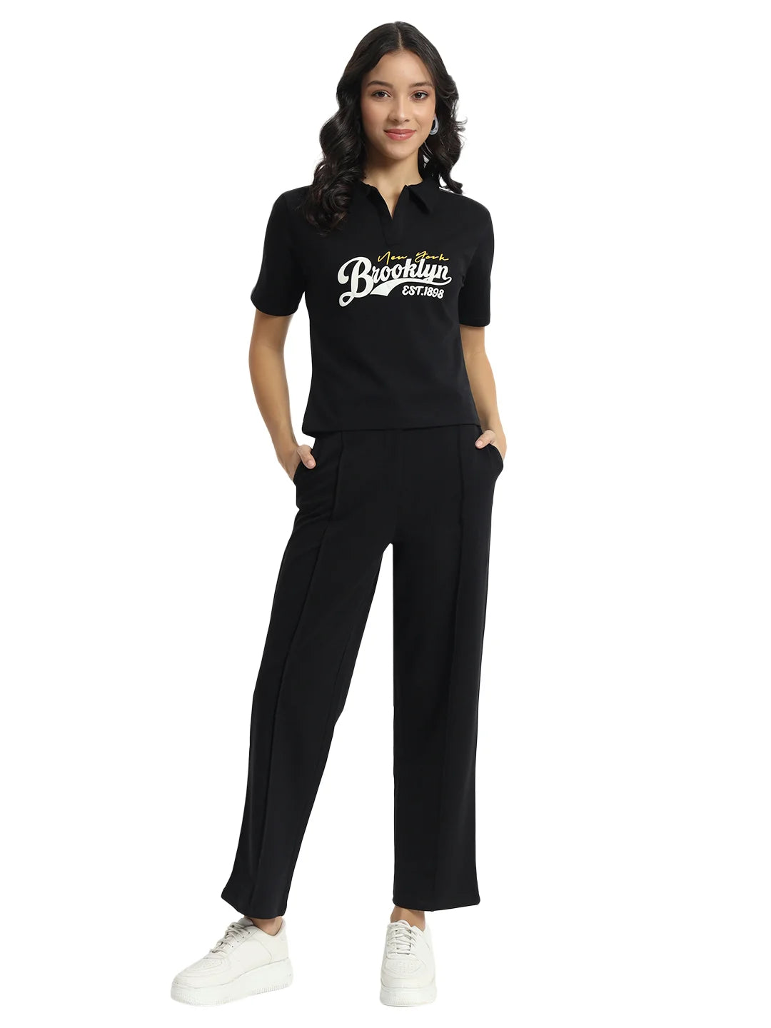Women Co-ord Set | Graphic Printed Pure Cotton T-Shirt with Trousers, Black