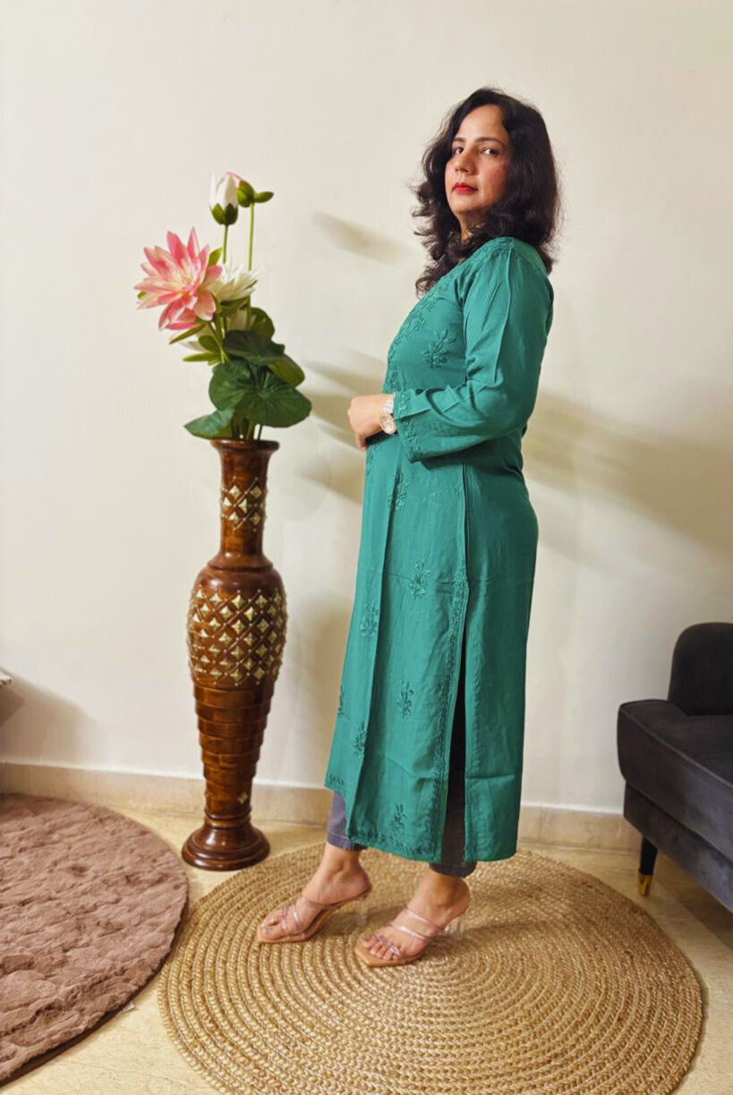 Rayon Chikankari Green Kurti