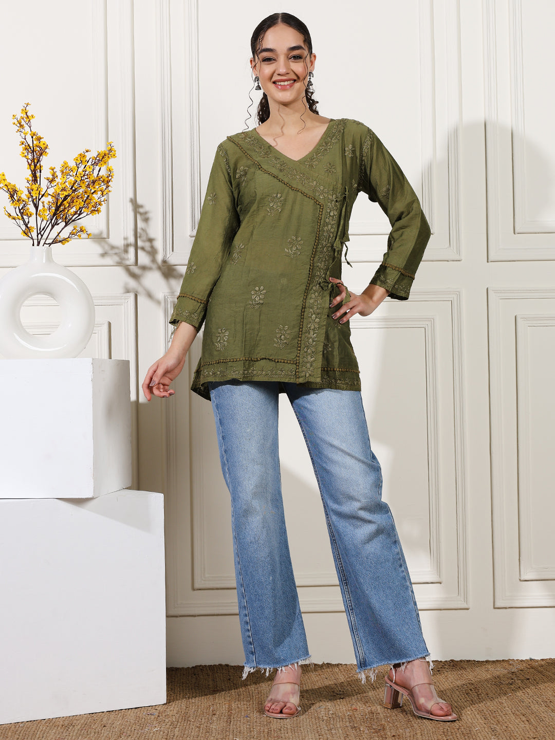 Green Chanderi Angrakha Short Kurti with Handcrafted Chikankari Work