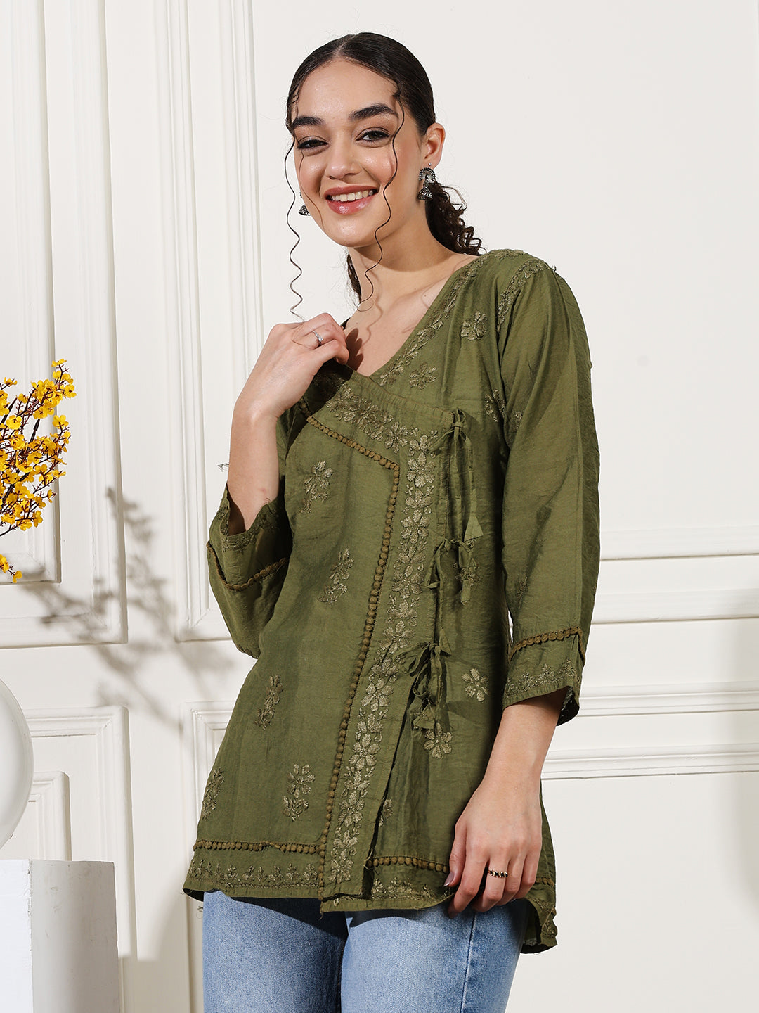 Green Chanderi Angrakha Short Kurti with Handcrafted Chikankari Work