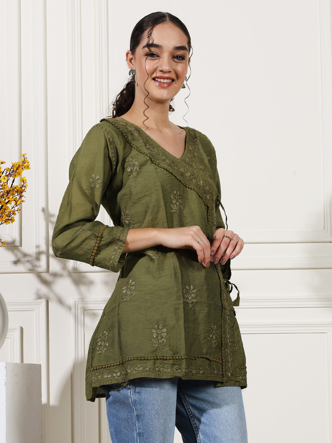 Green Chanderi Angrakha Short Kurti with Handcrafted Chikankari Work