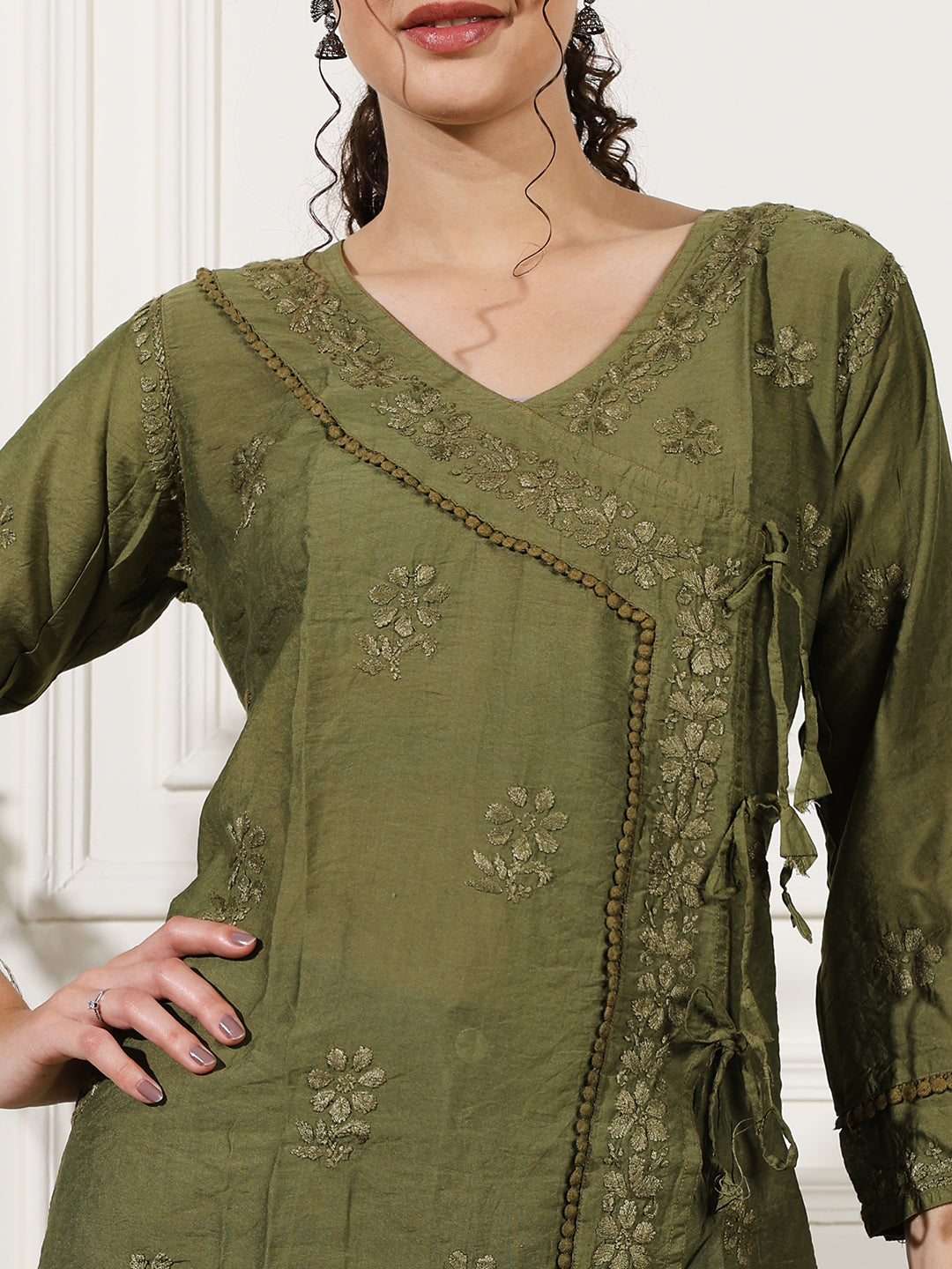 Green Chanderi Angrakha Short Kurti with Handcrafted Chikankari Work