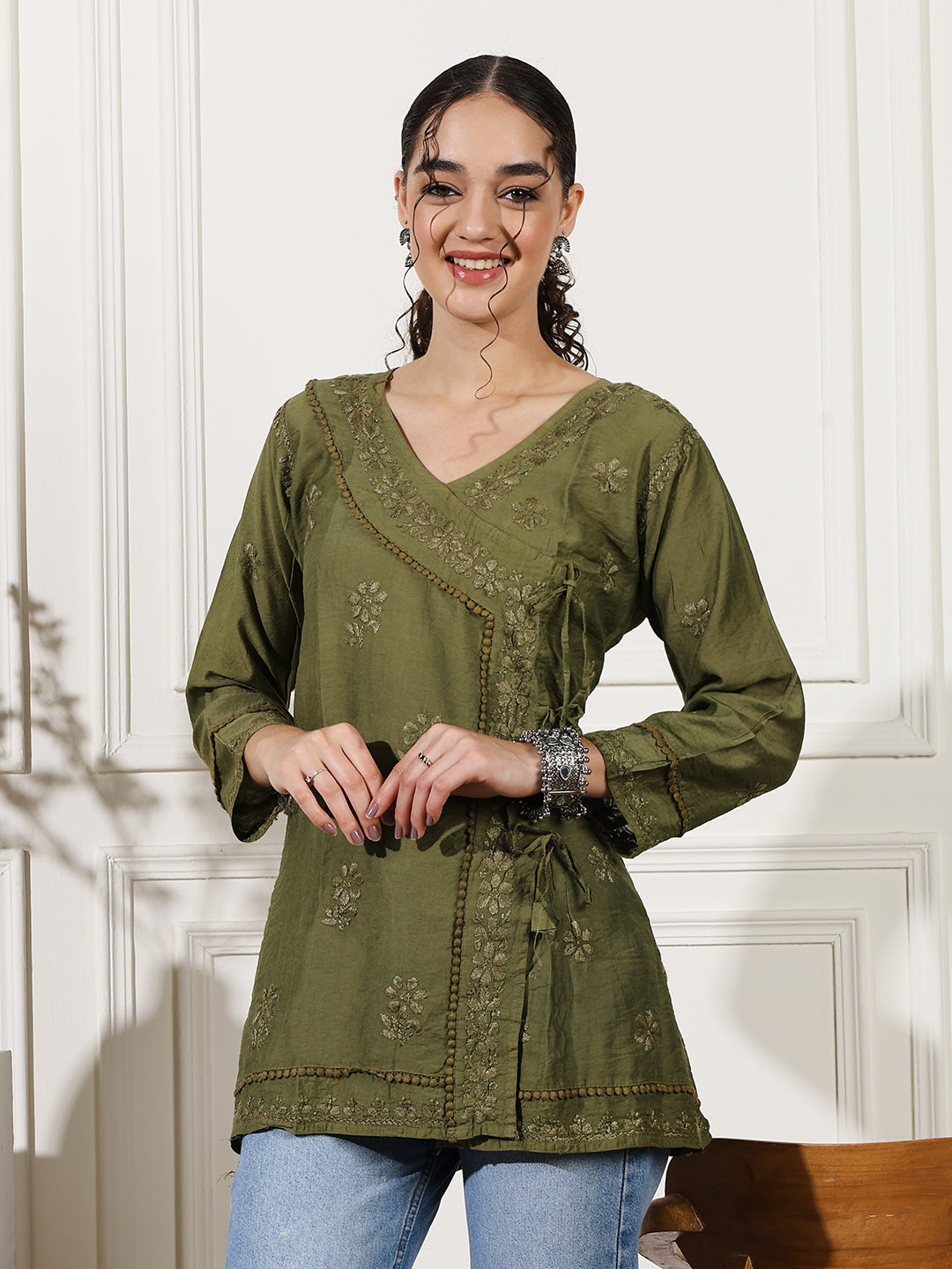 Green Chanderi Angrakha Short Kurti with Handcrafted Chikankari Work