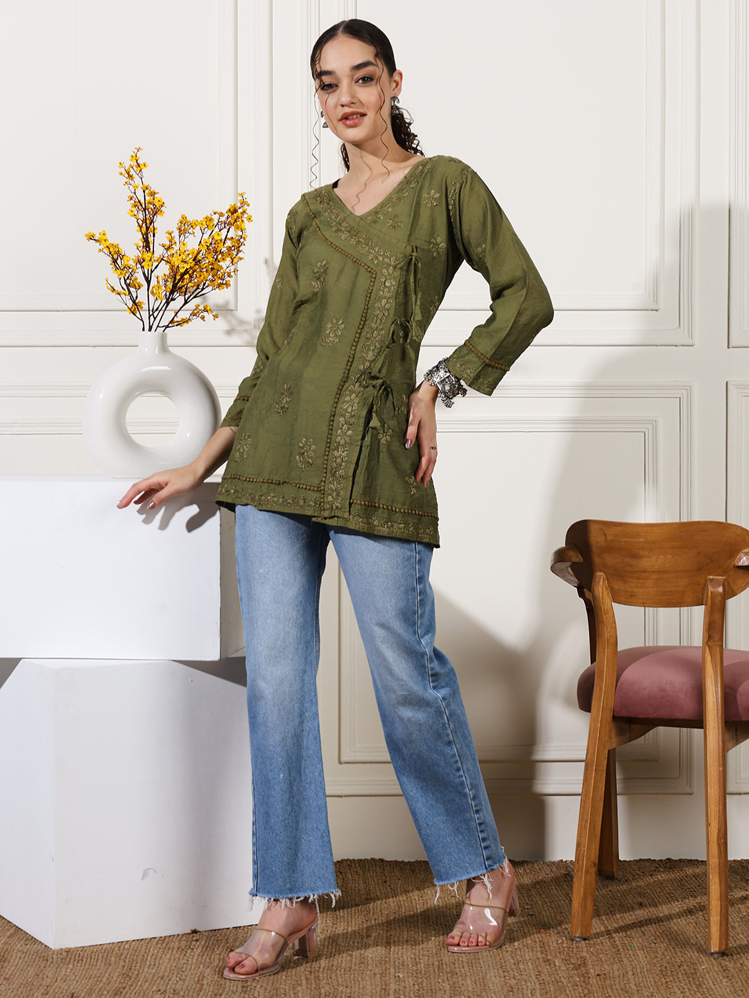 Green Chanderi Angrakha Short Kurti with Handcrafted Chikankari Work