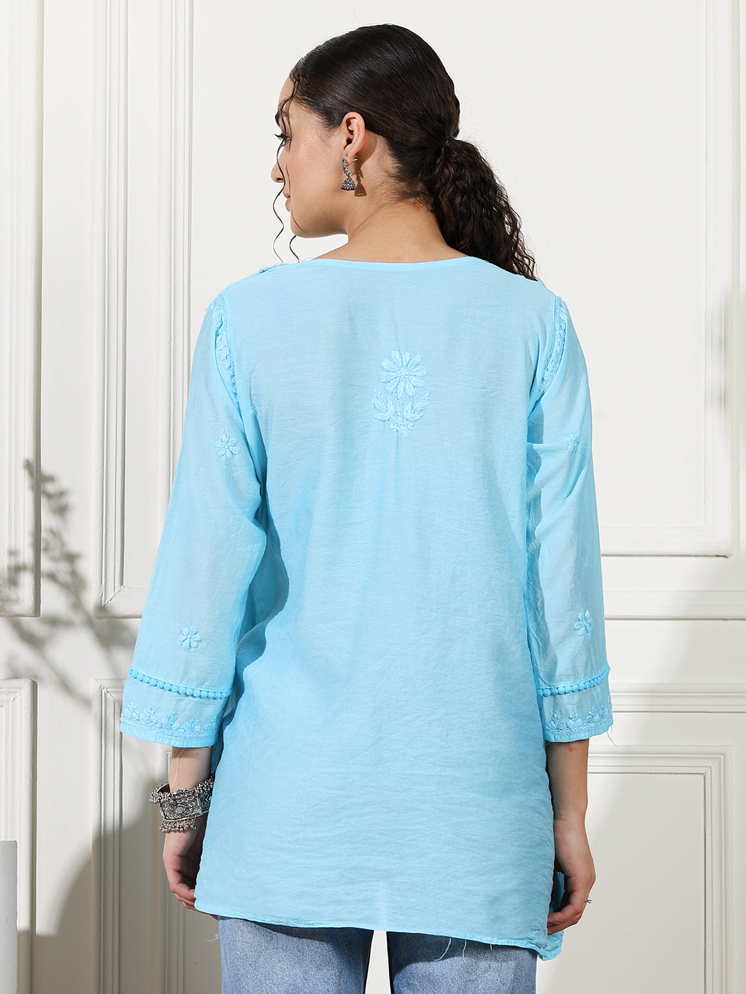 Blue Chanderi Angrakha Short Kurti with Handcrafted Chikankari Work