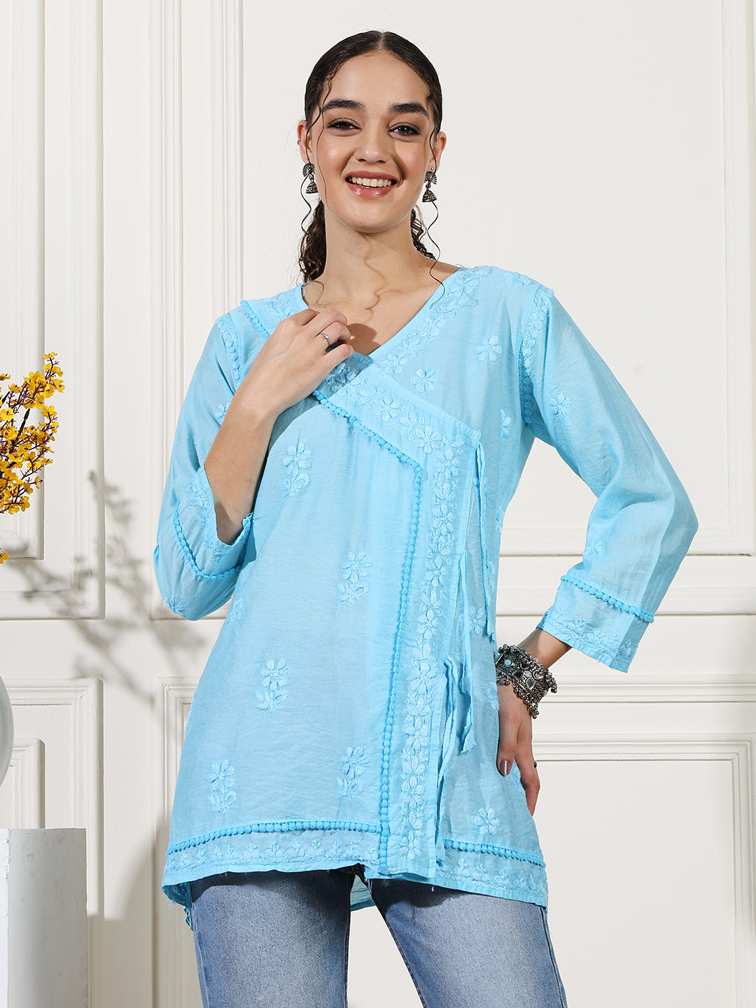 Blue Chanderi Angrakha Short Kurti with Handcrafted Chikankari Work