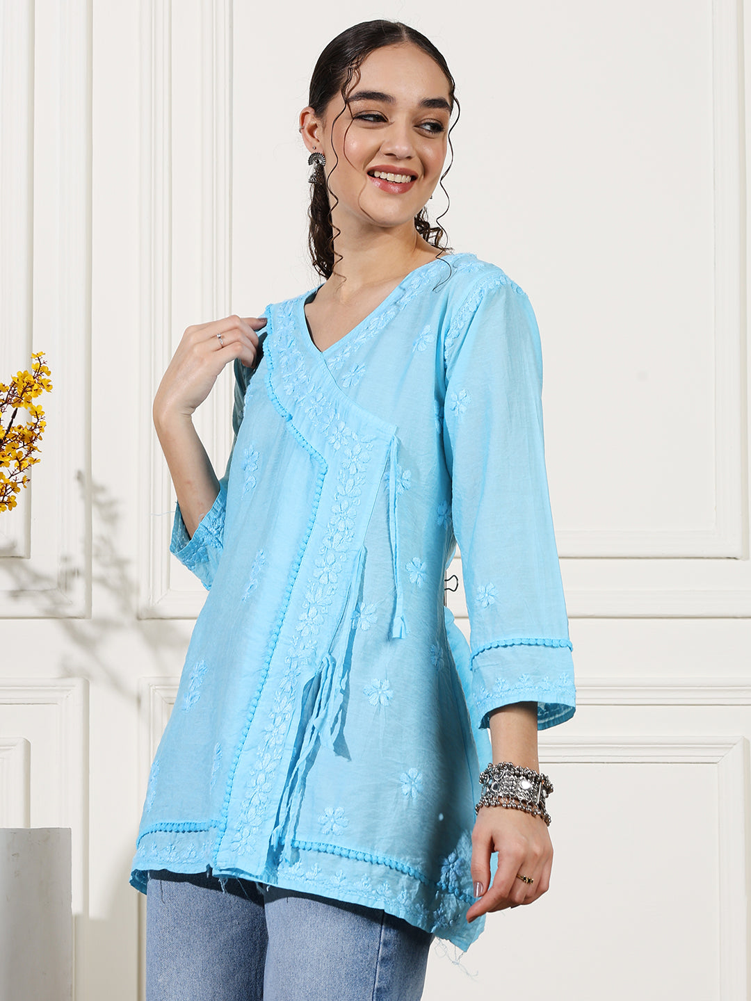 Blue Chanderi Angrakha Short Kurti with Handcrafted Chikankari Work