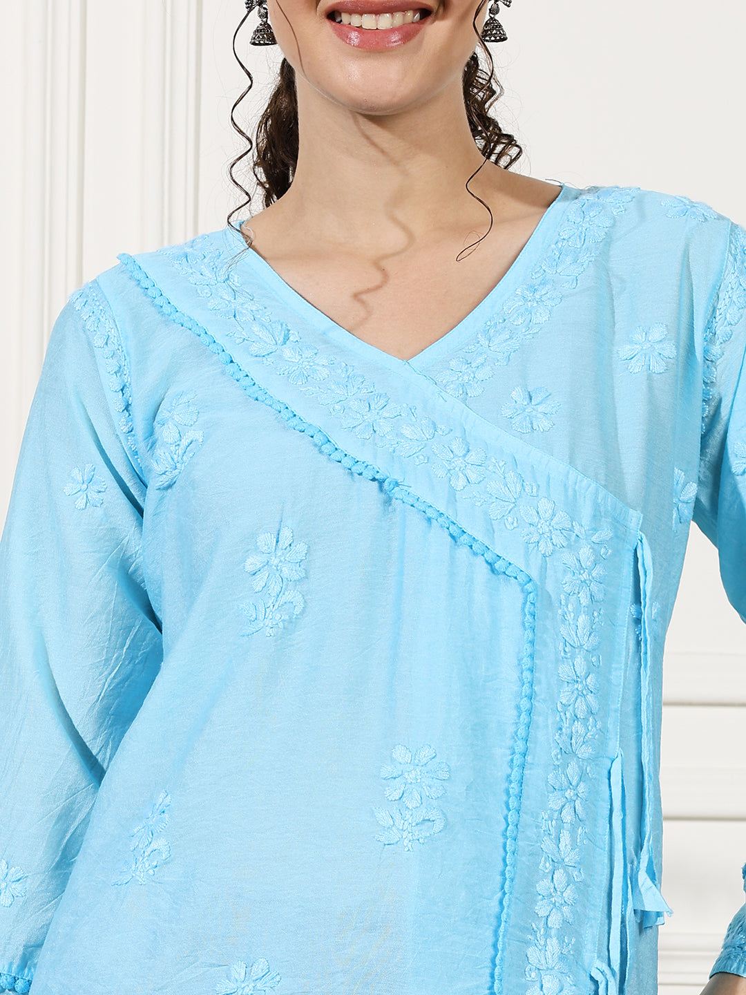 Blue Chanderi Angrakha Short Kurti with Handcrafted Chikankari Work
