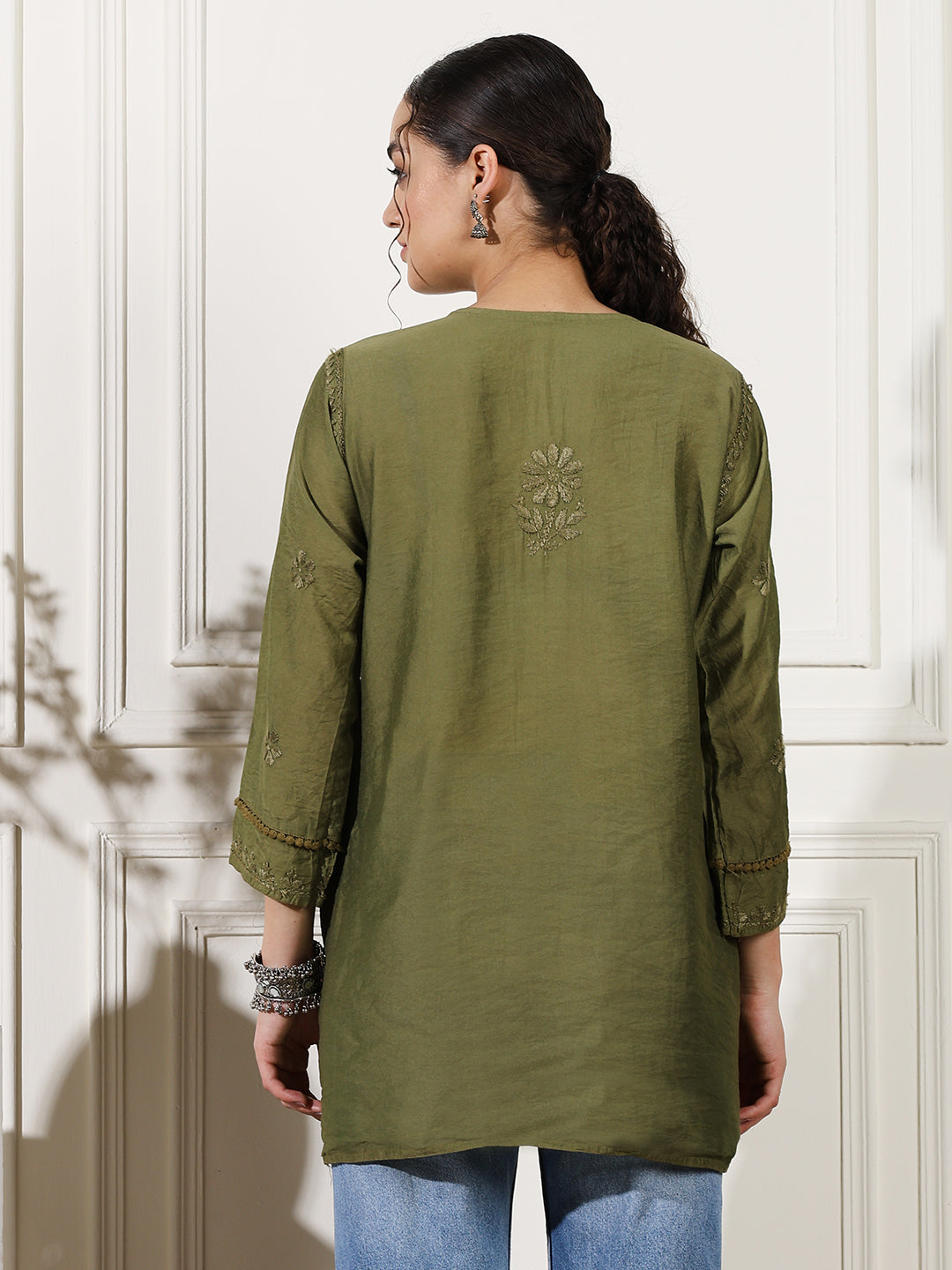 Green Chanderi Angrakha Short Kurti with Handcrafted Chikankari Work
