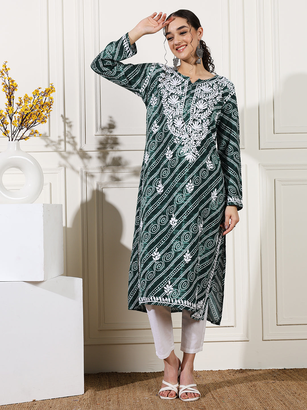 Green Color Rayon Chikankari Bandhani Kurti