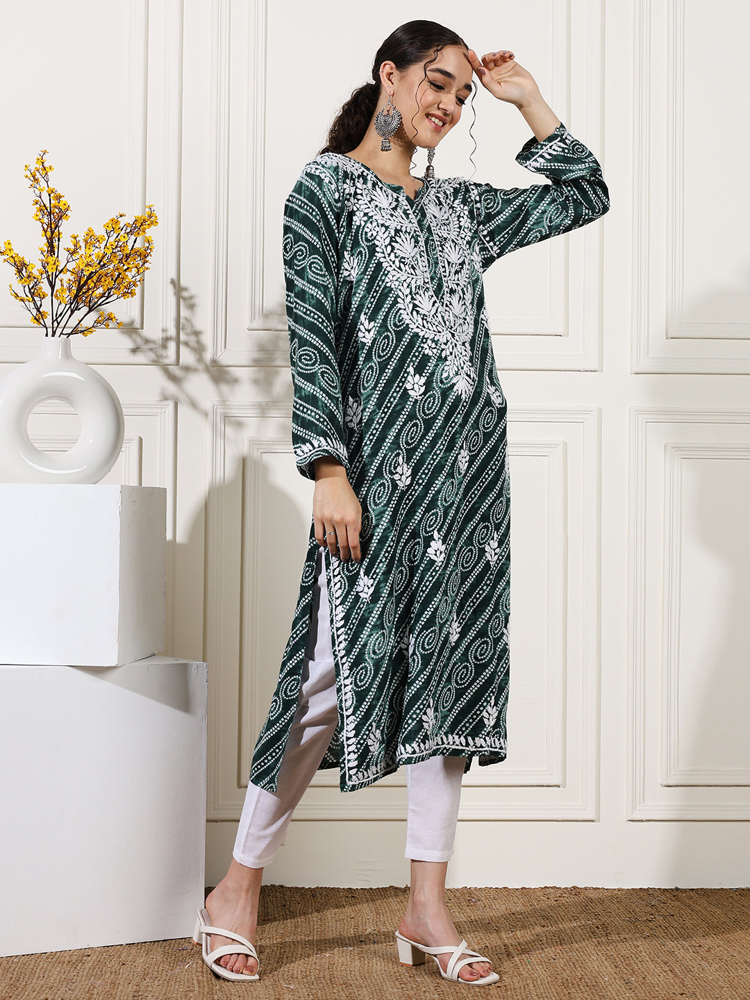 Green Color Rayon Chikankari Bandhani Kurti