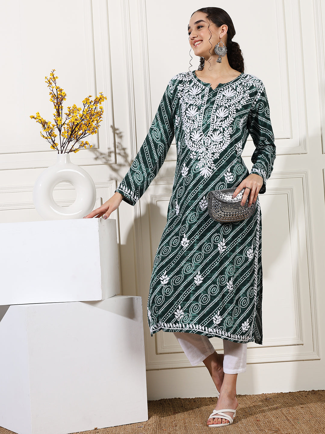 Green Color Rayon Chikankari Bandhani Kurti