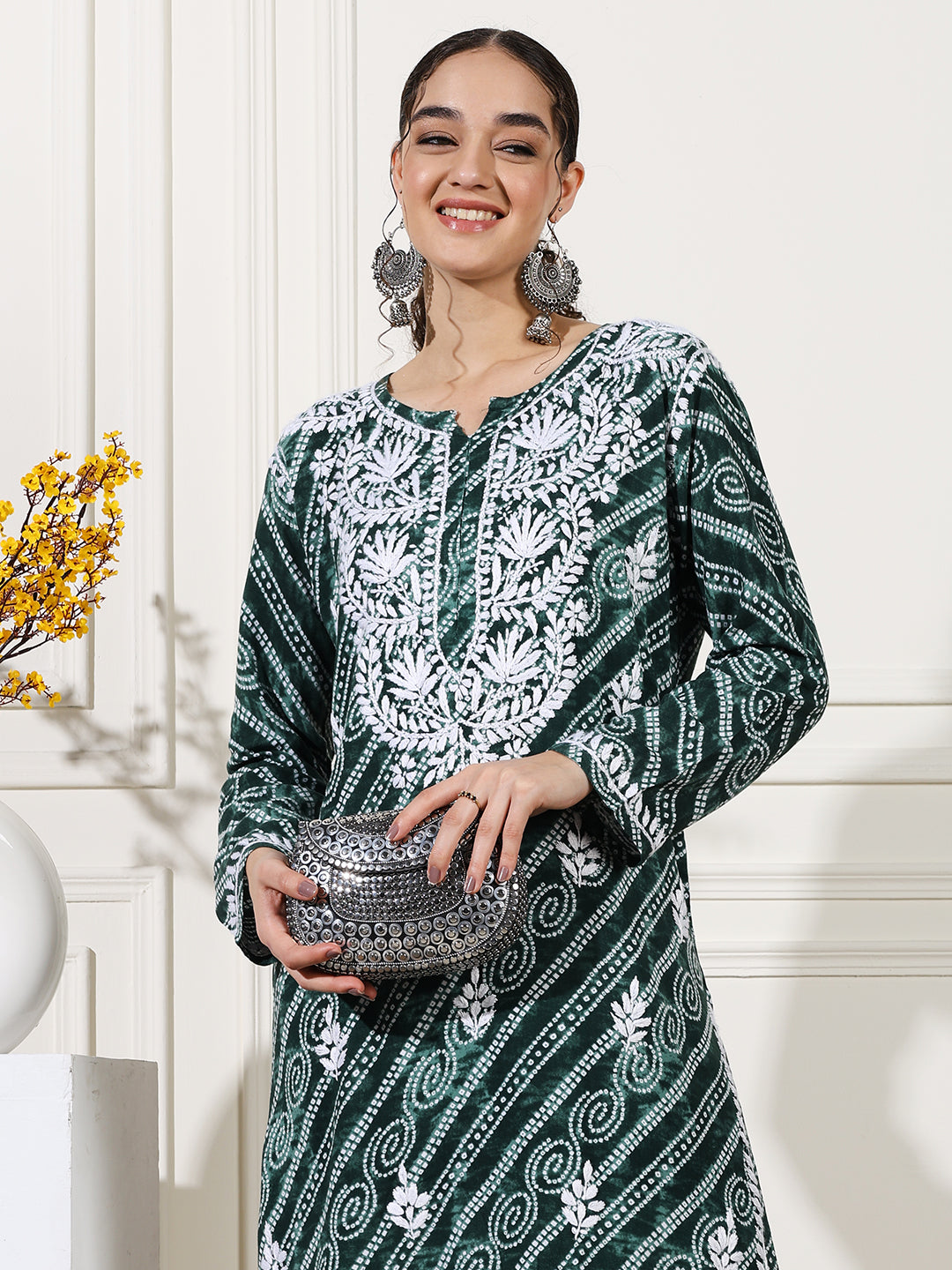 Green Color Rayon Chikankari Bandhani Kurti
