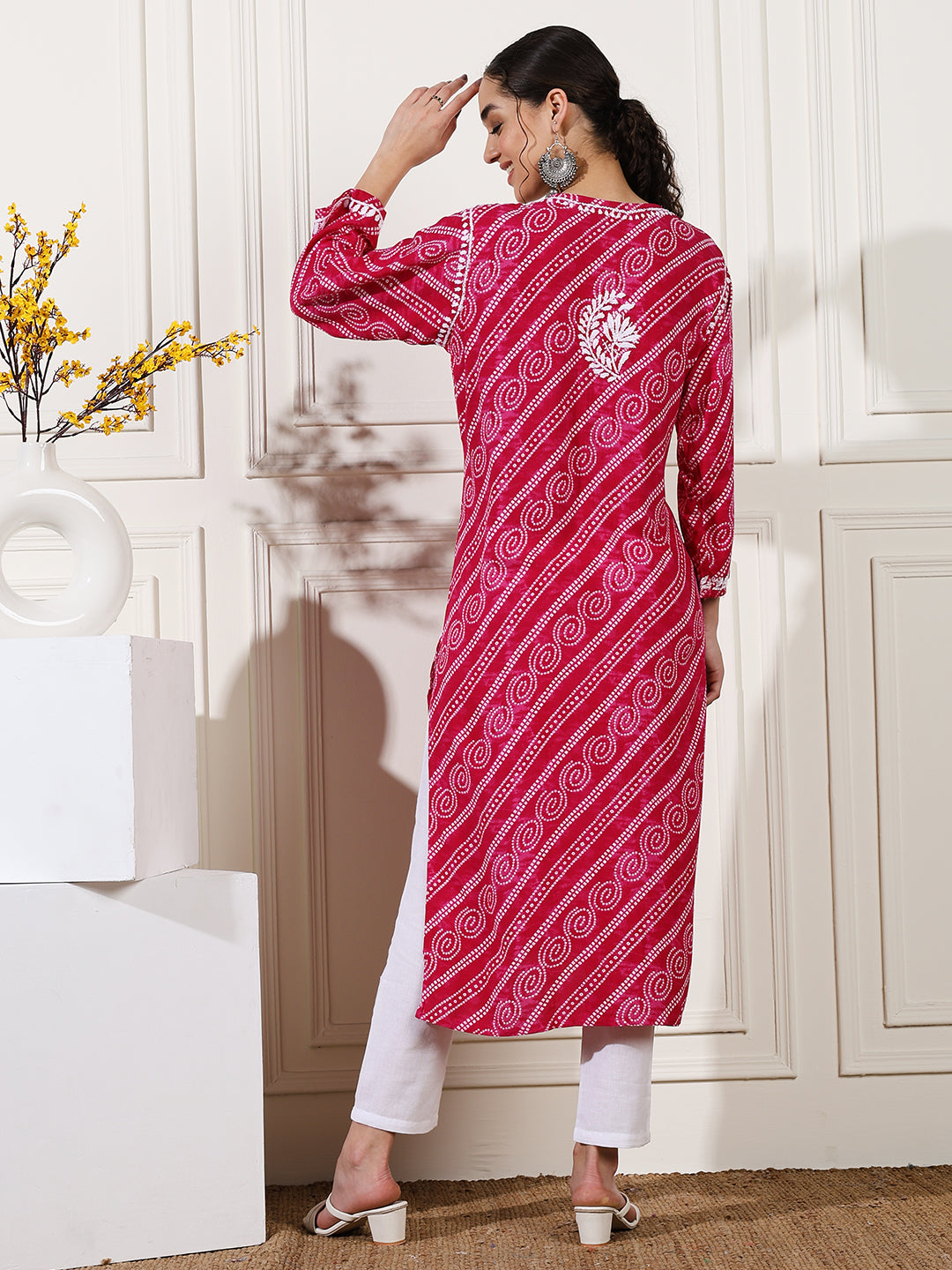 Pink Color Rayon Chikankari Bandhani Kurti