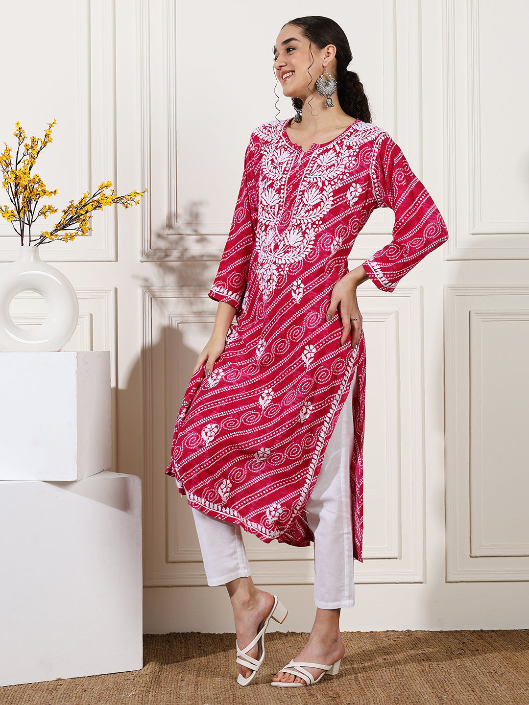 Pink Color Rayon Chikankari Bandhani Kurti