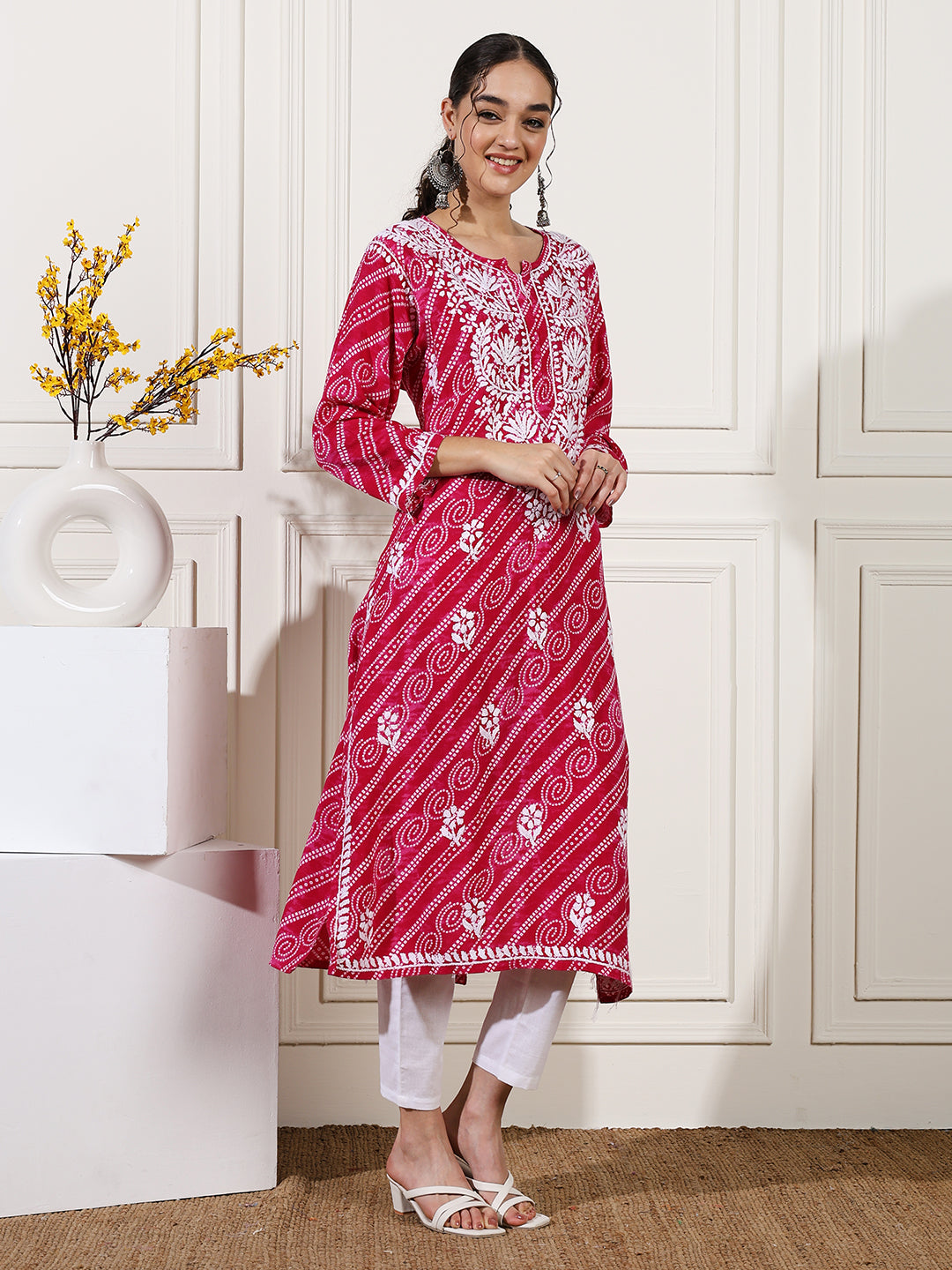 Pink Color Rayon Chikankari Bandhani Kurti