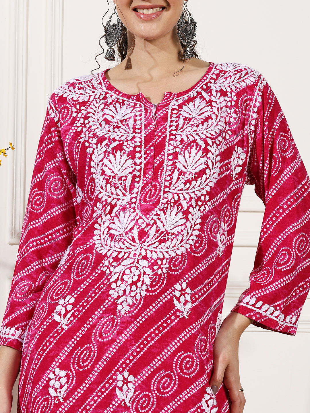 Pink Color Rayon Chikankari Bandhani Kurti