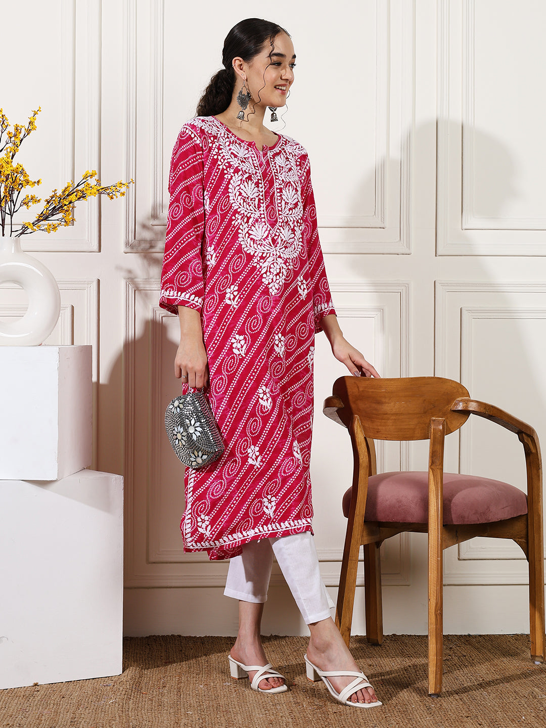 Pink Color Rayon Chikankari Bandhani Kurti