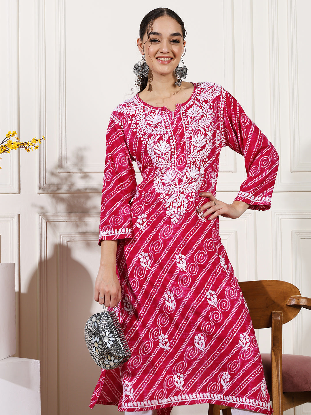Pink Color Rayon Chikankari Bandhani Kurti