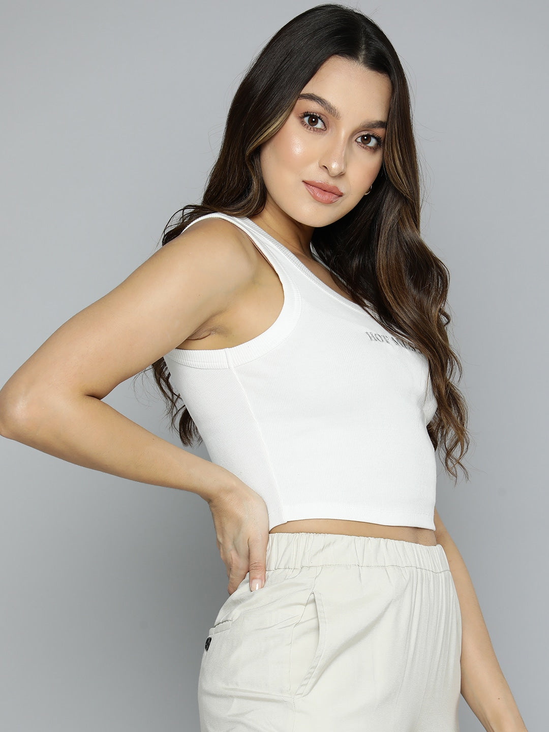 Women's Knitted Sleeveless Tank Top Ribbed Cotton Fitted | White