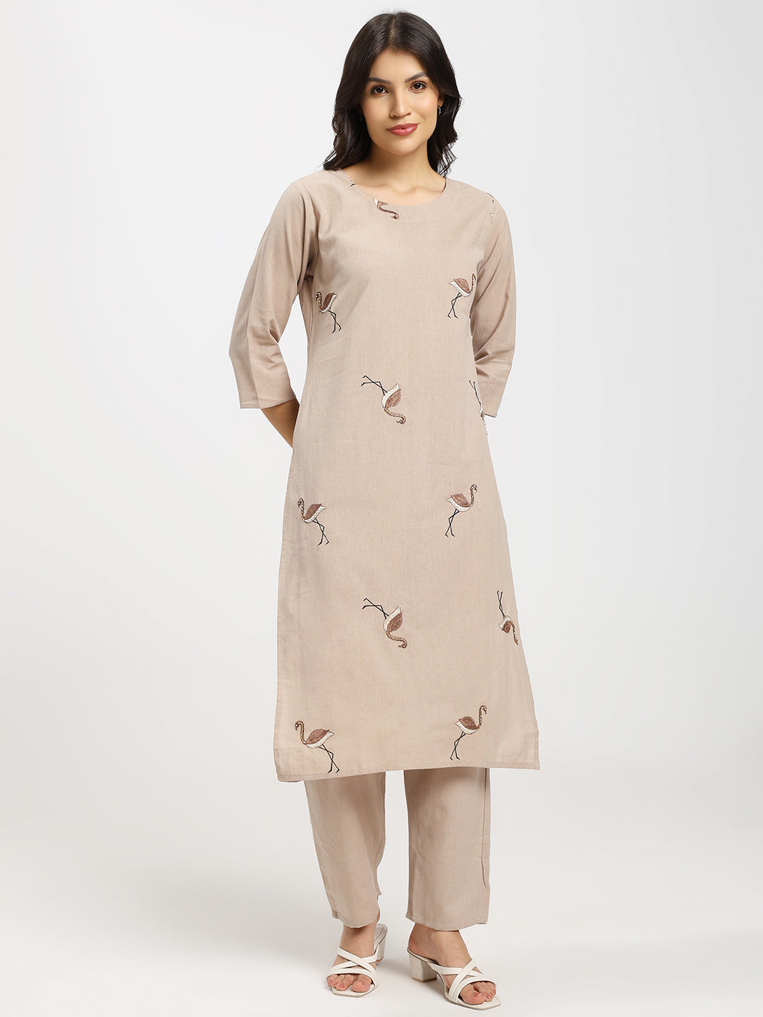 Hand Embroidered 2Pc Kurta Set | Beige | Delicate kardana and moti embellishments
