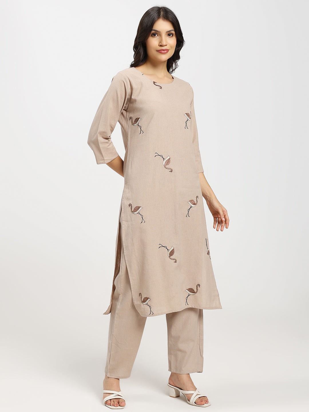 Hand Embroidered 2Pc Kurta Set | Beige | Delicate kardana and moti embellishments
