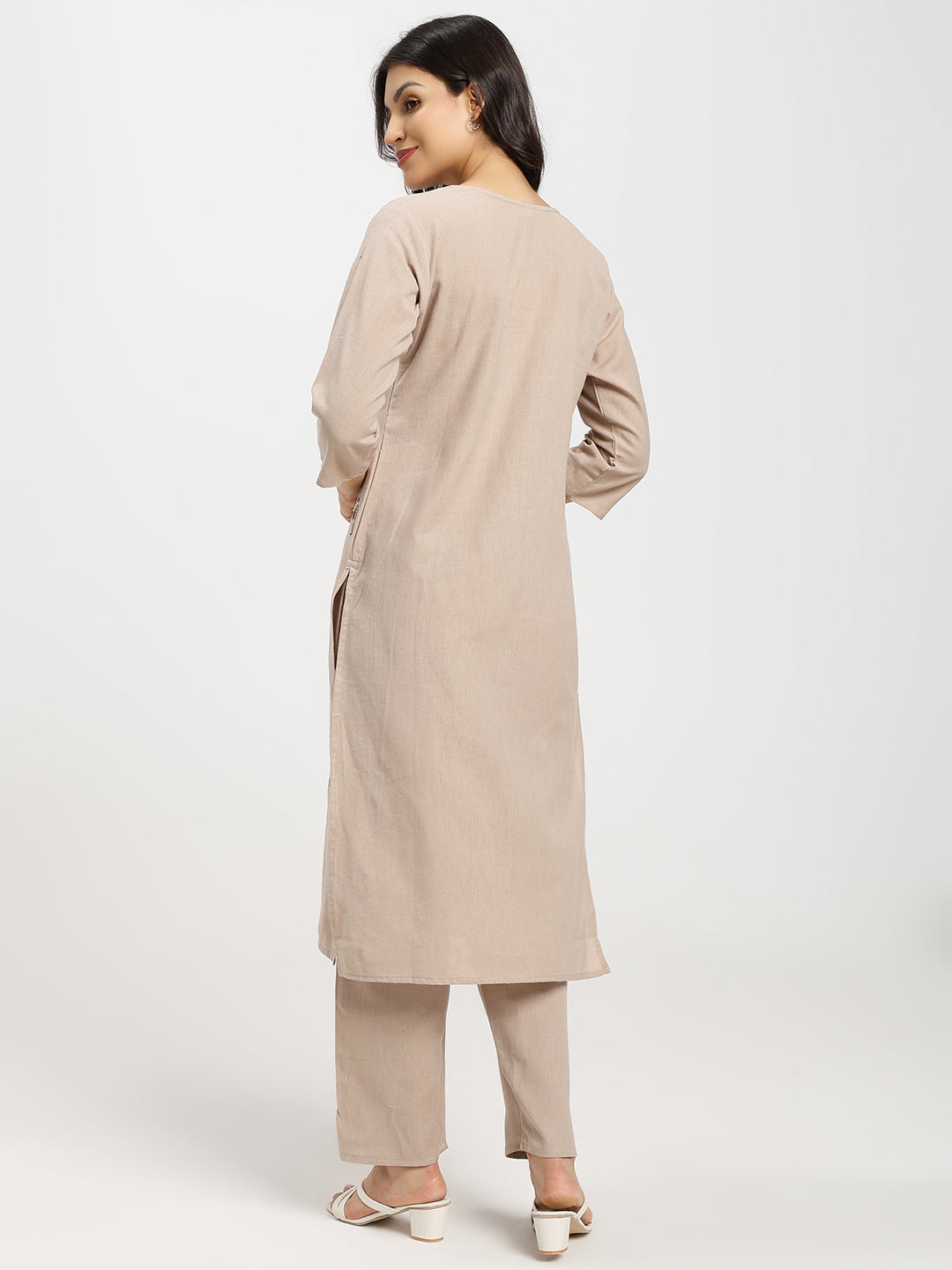 Hand Embroidered 2Pc Kurta Set | Beige | Delicate kardana and moti embellishments