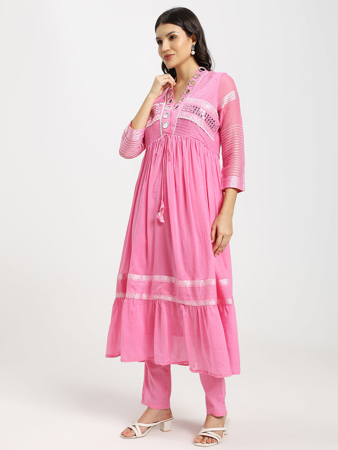 2-Piece Designer Frock Set In Pink With Mirror Detailing