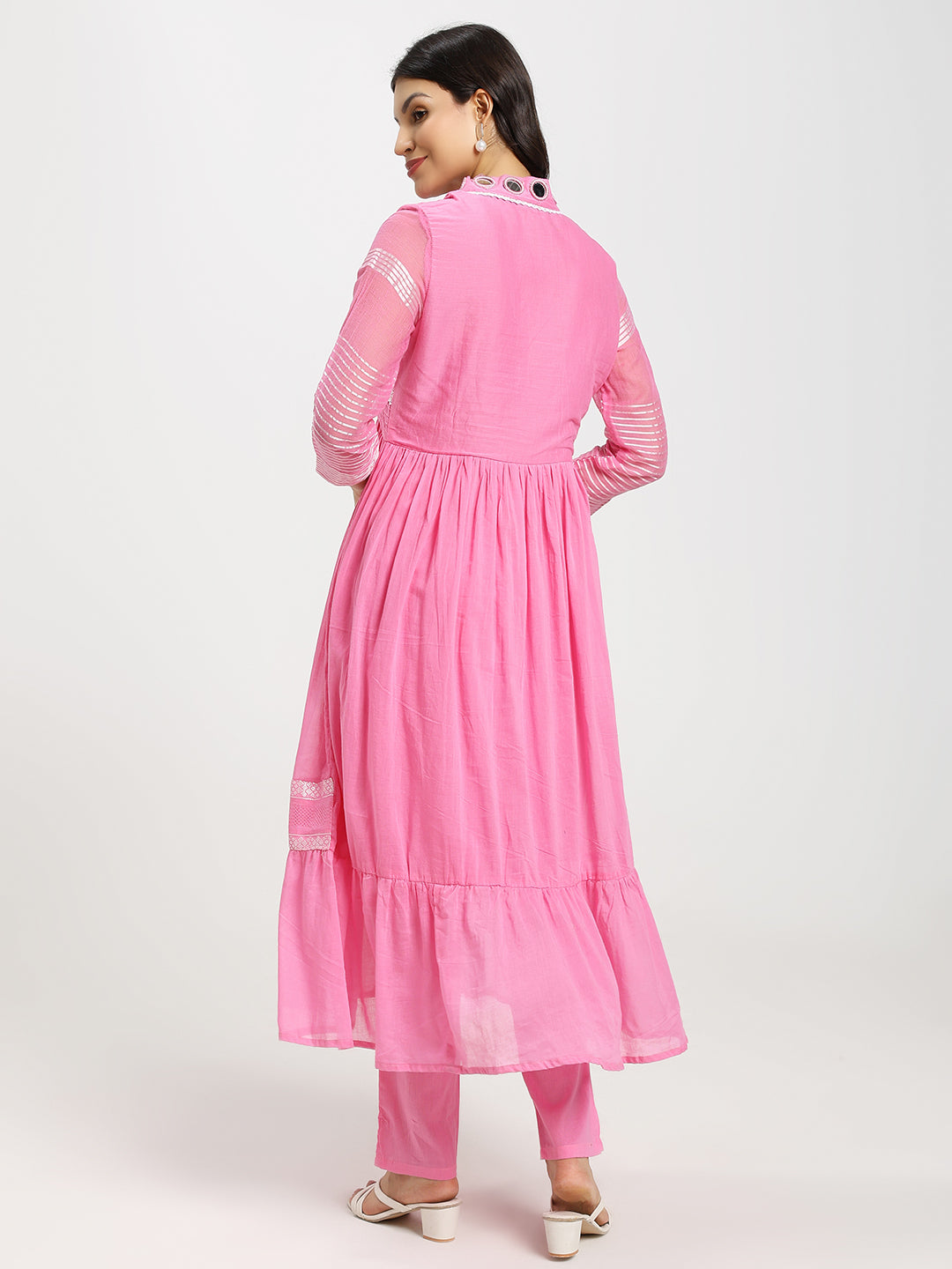 2-Piece Designer Frock Set In Pink With Mirror Detailing