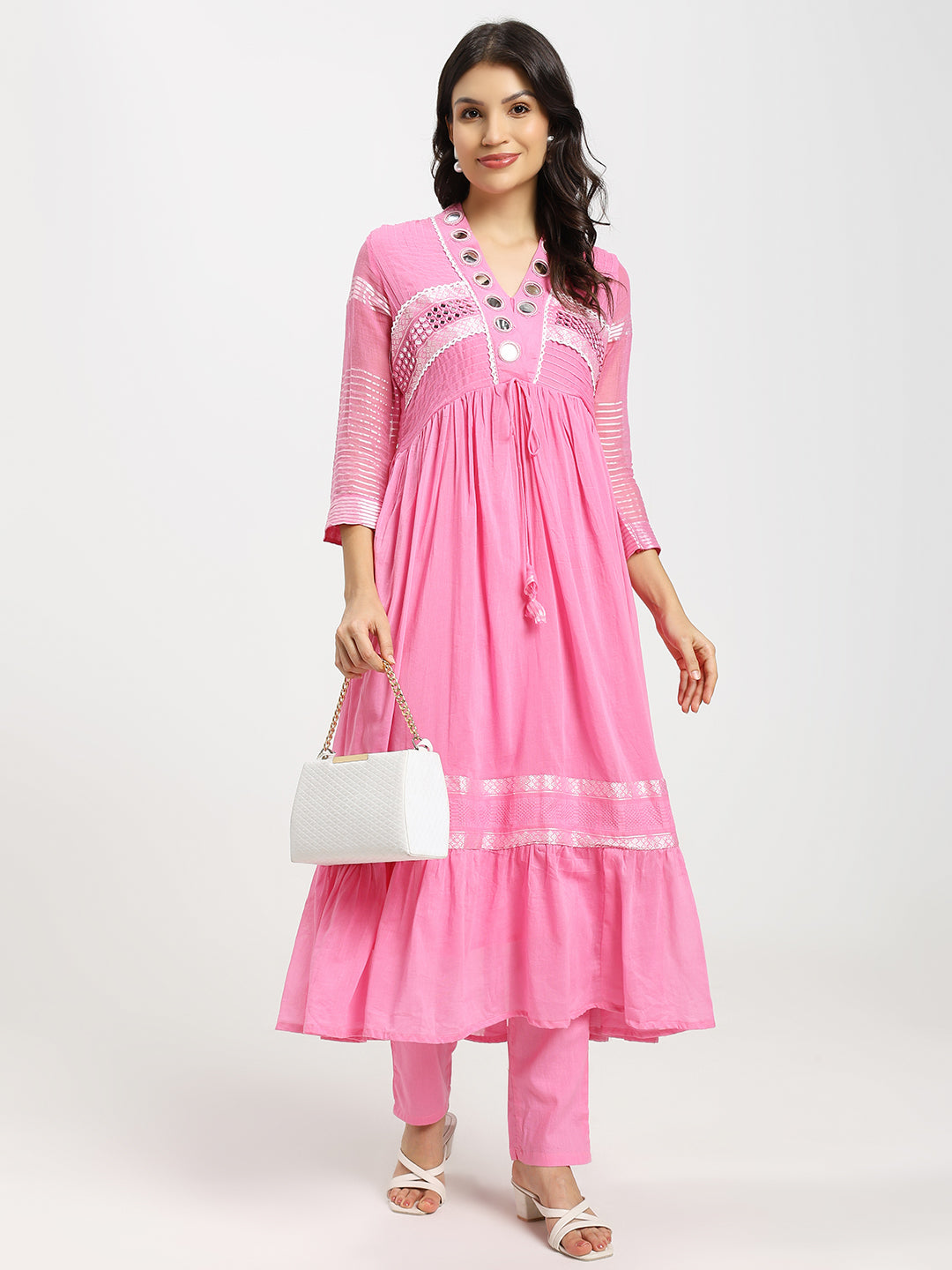 2-Piece Designer Frock Set In Pink With Mirror Detailing