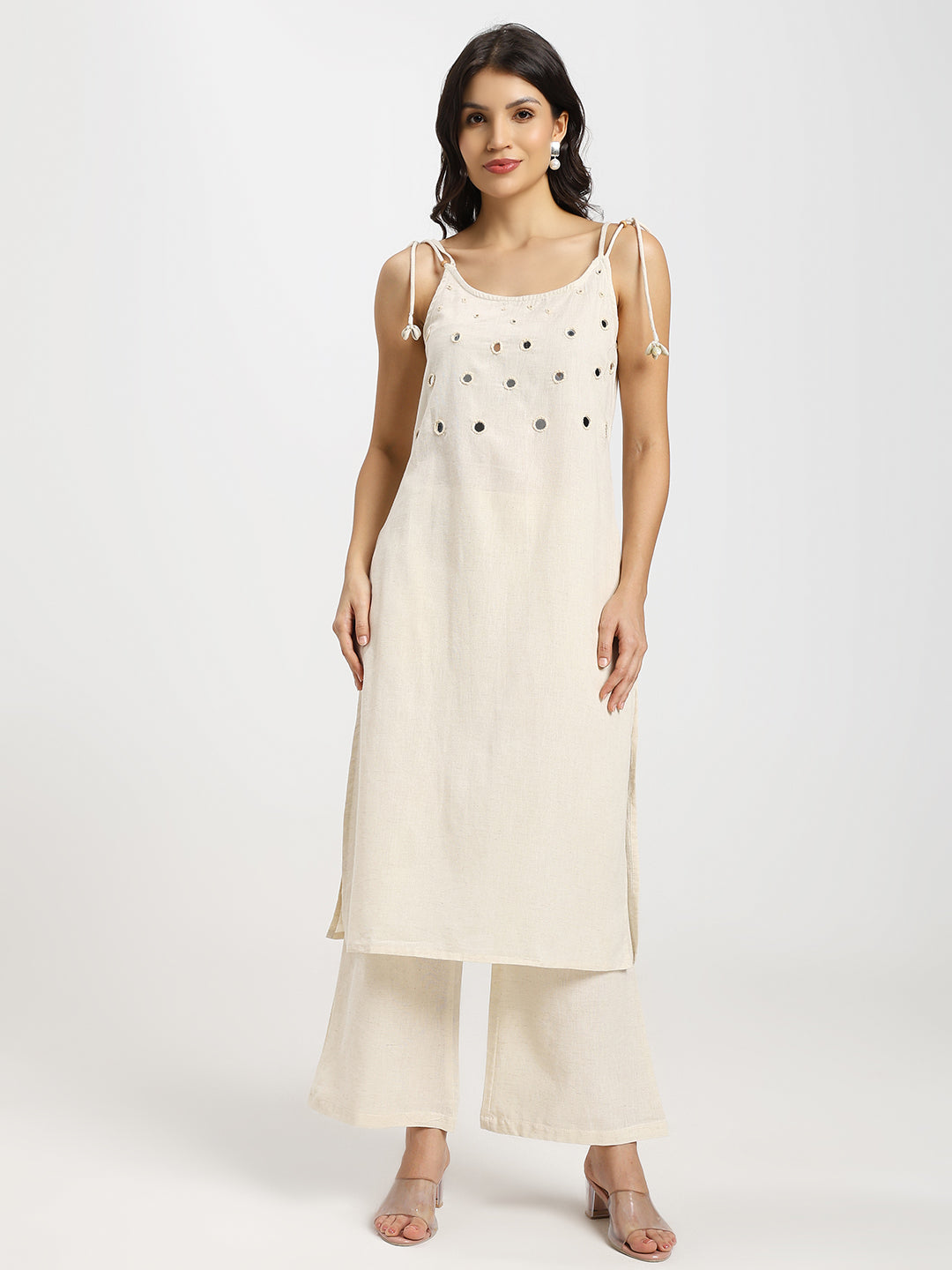 Mirror and seashell embellished kurta set with adjustable tie-up shoulders – 2 pieces | Beige
