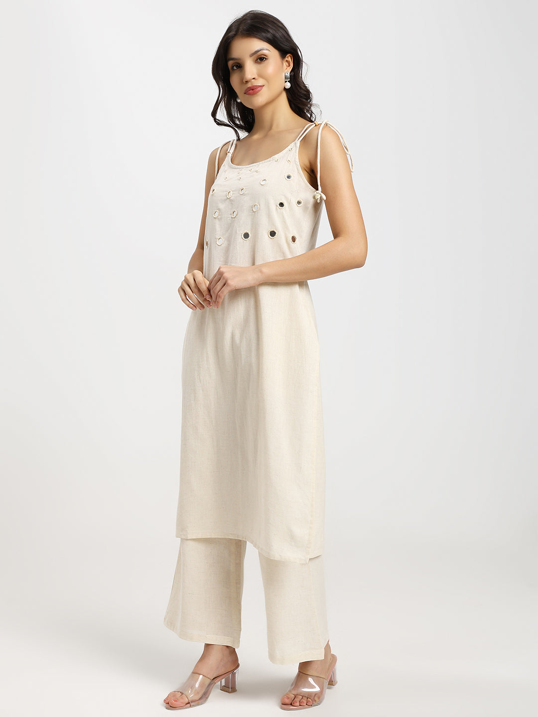 Mirror and seashell embellished kurta set with adjustable tie-up shoulders – 2 pieces | Beige