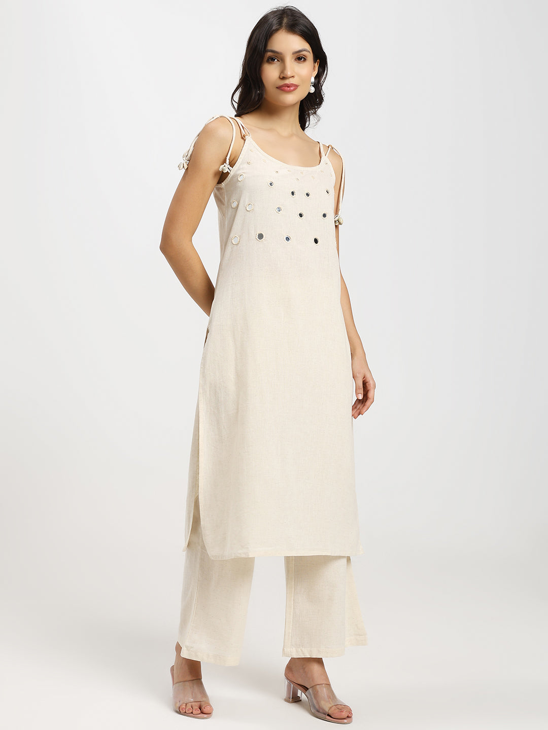 Mirror and seashell embellished kurta set with adjustable tie-up shoulders – 2 pieces | Beige