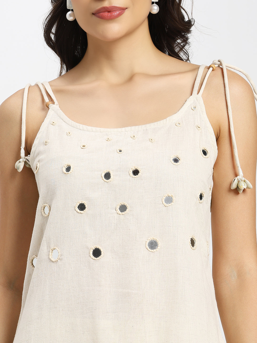 Mirror and seashell embellished kurta set with adjustable tie-up shoulders – 2 pieces | Beige