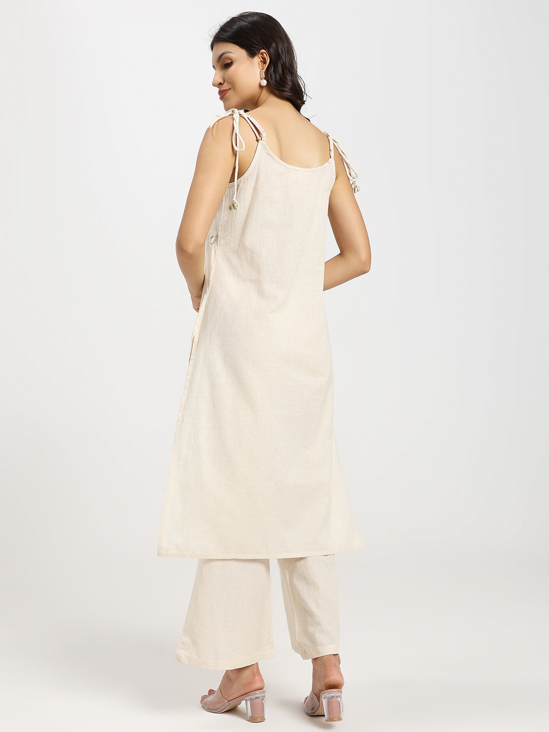 Mirror and seashell embellished kurta set with adjustable tie-up shoulders – 2 pieces | Beige