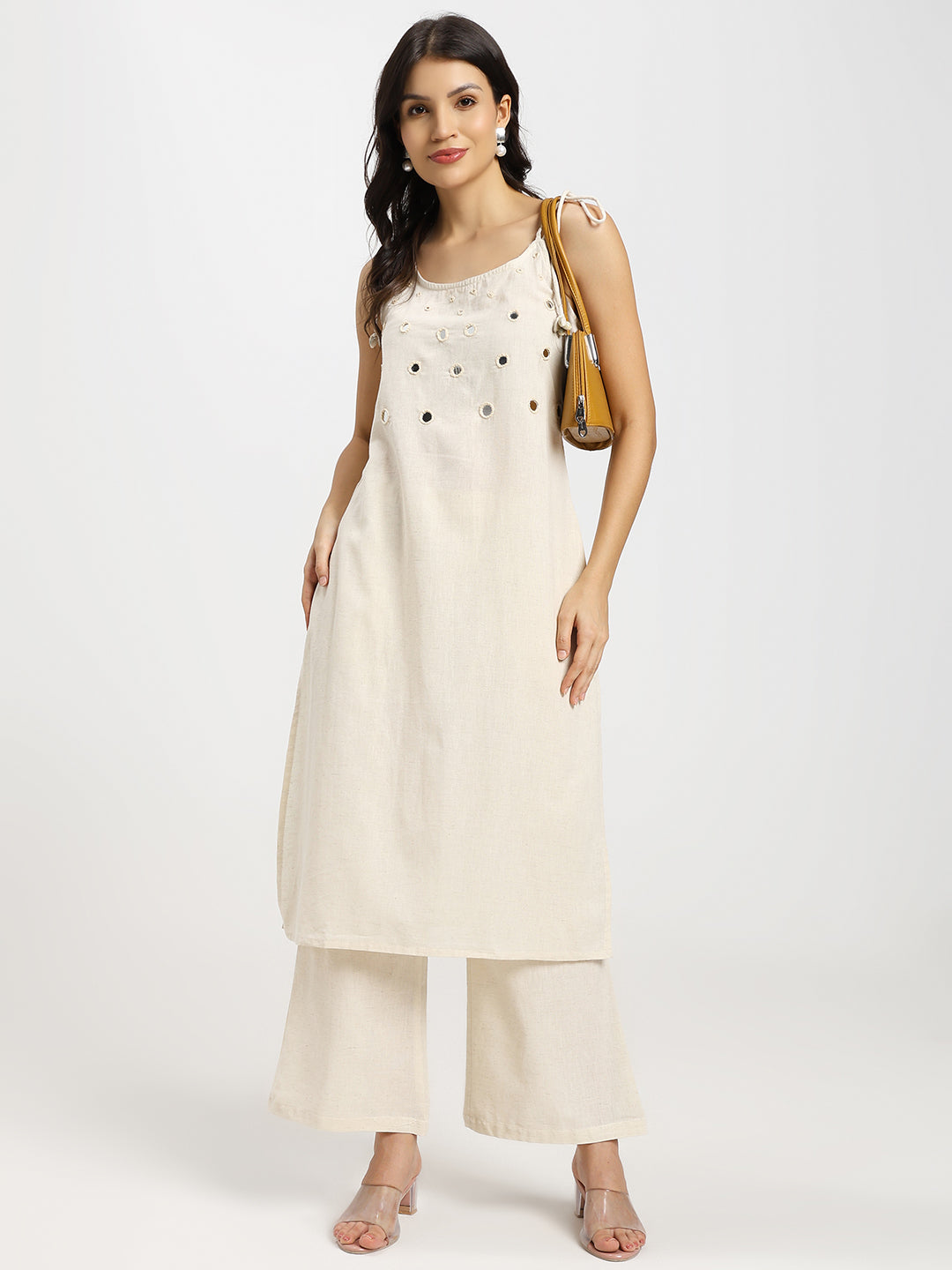 Mirror and seashell embellished kurta set with adjustable tie-up shoulders – 2 pieces | Beige