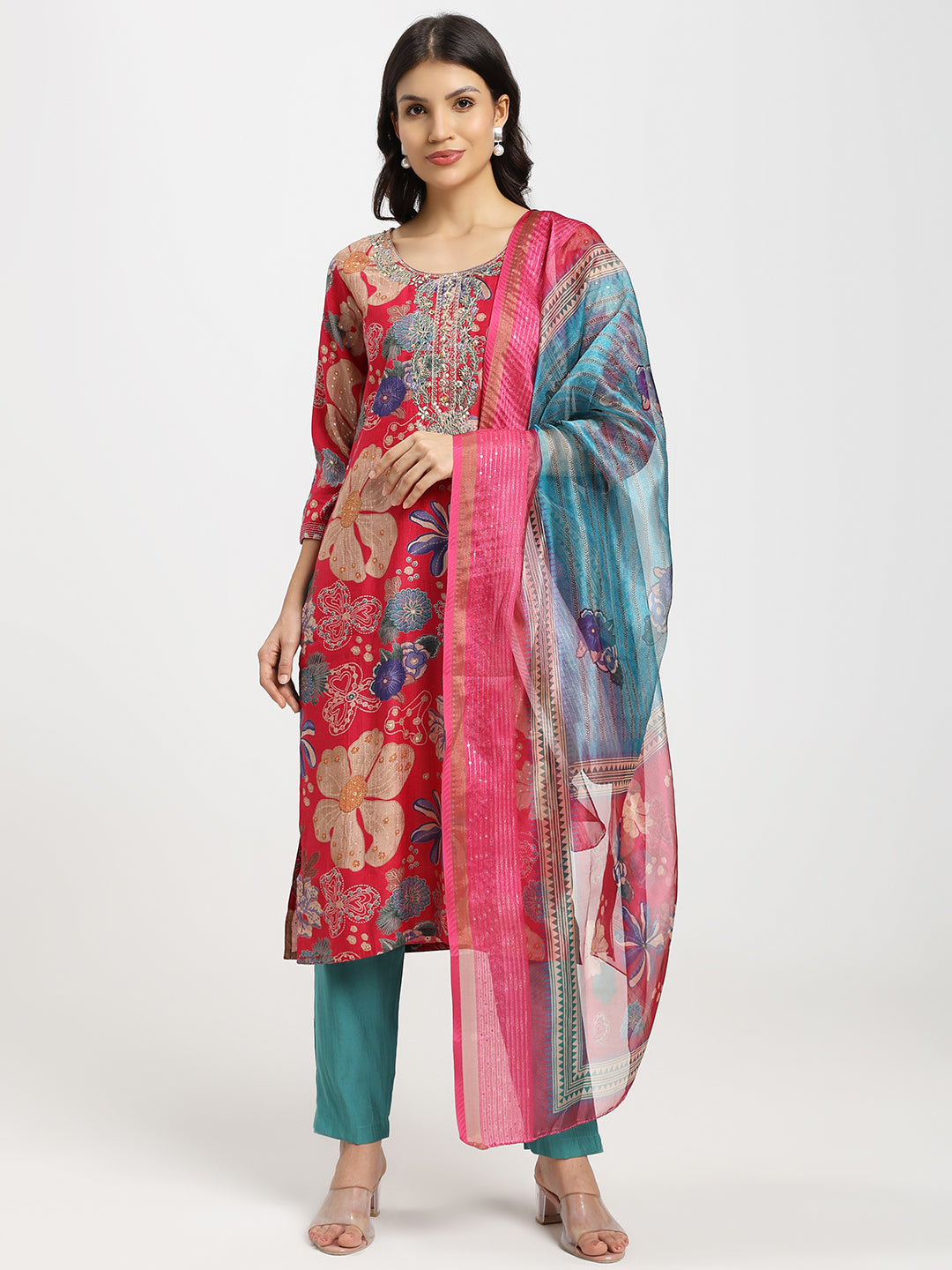 3-Piece Kurta Set with Intricate Golden Thread Embroidery | Royal Pink