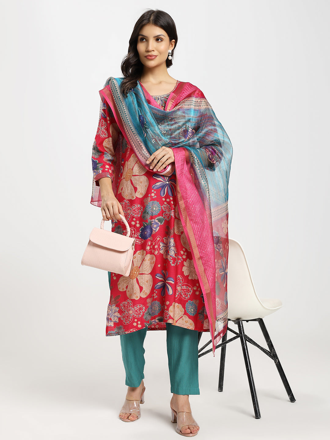 3-Piece Kurta Set with Intricate Golden Thread Embroidery | Royal Pink