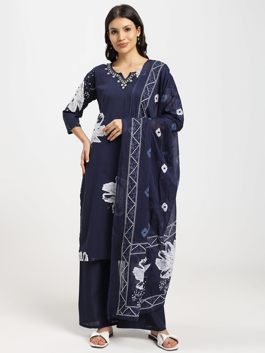Jaipur-Printed Navy Blue Floral Kurta Set with Dupatta and Bottom (3PC)