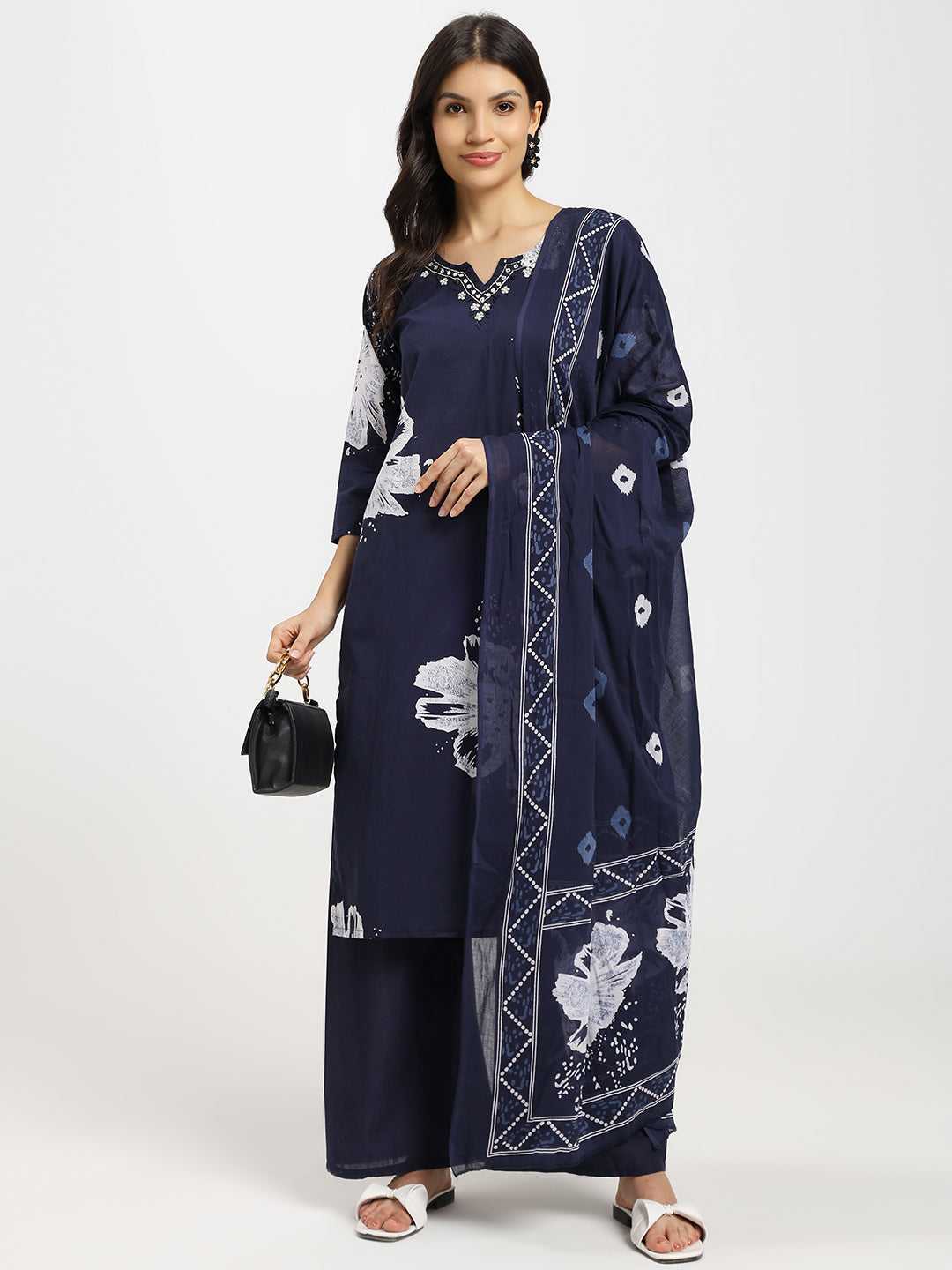 Jaipur-Printed Navy Blue Floral Kurta Set with Dupatta and Bottom (3PC)