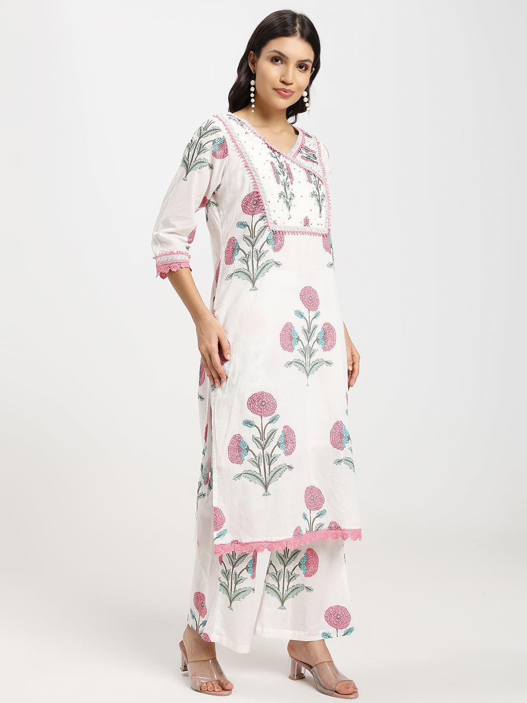 White Jaipur-Printed Kurta Set (3PC) featuring Delicate Lace and Light Sequin Embellishments