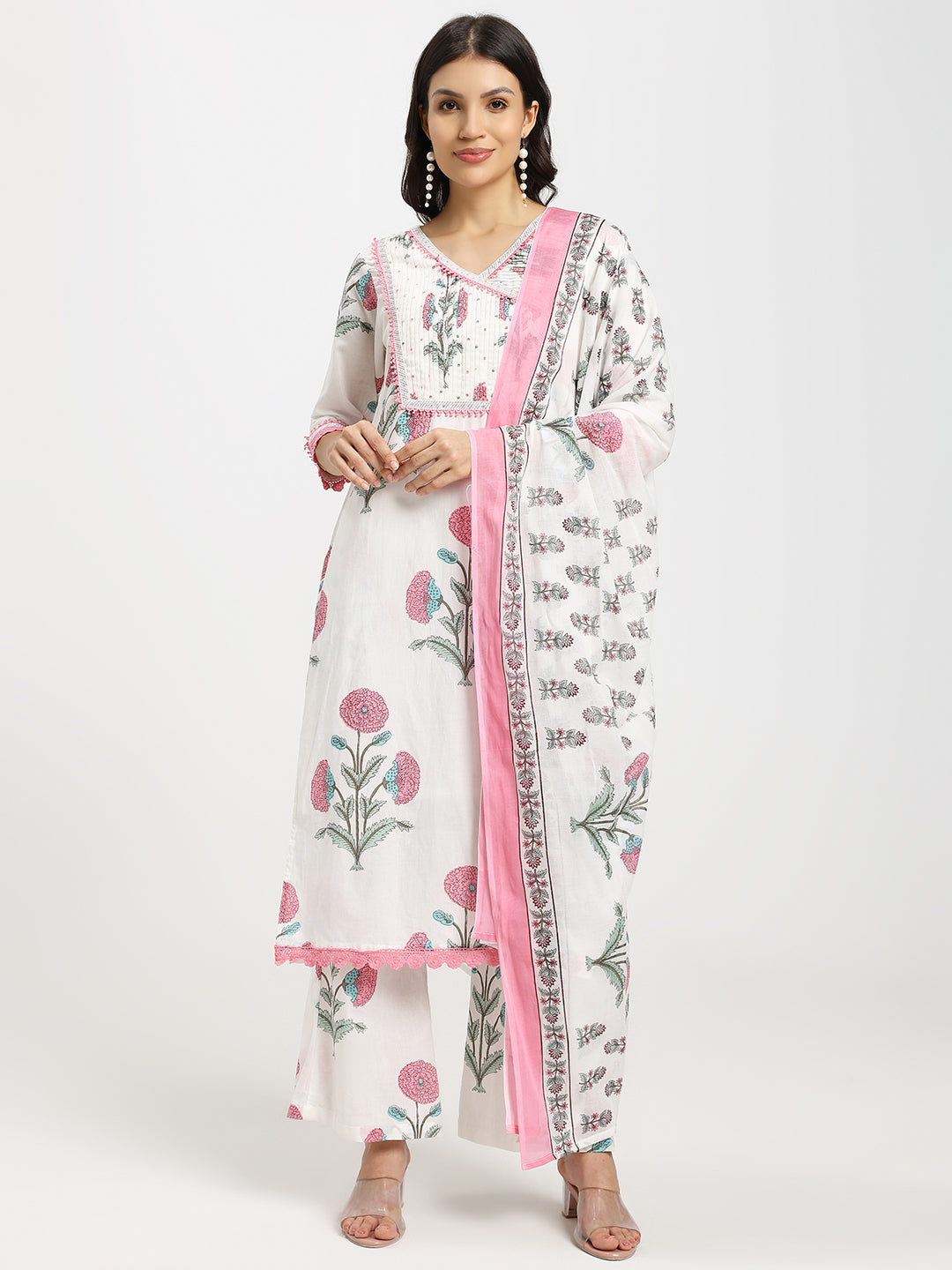 White Jaipur-Printed Kurta Set (3PC) featuring Delicate Lace and Light Sequin Embellishments