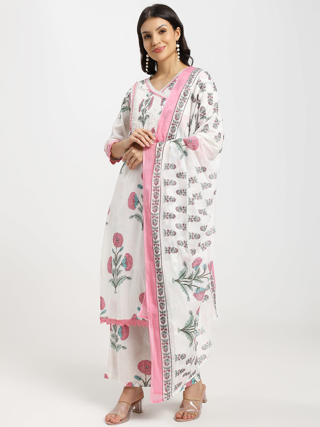 White Jaipur-Printed Kurta Set (3PC) featuring Delicate Lace and Light Sequin Embellishments