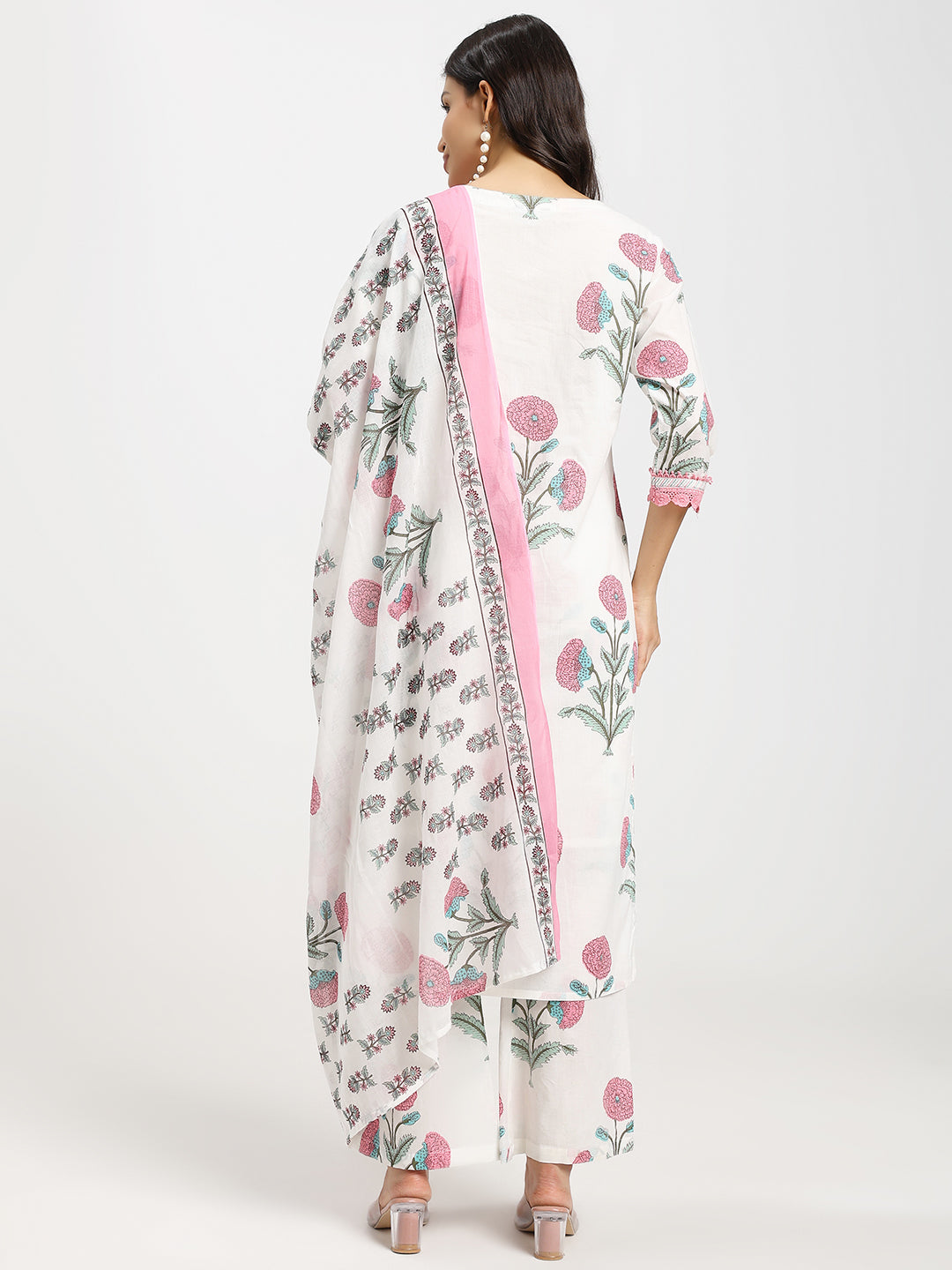 White Jaipur-Printed Kurta Set (3PC) featuring Delicate Lace and Light Sequin Embellishments